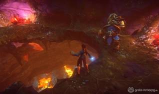 Human wizard and Kerran warrior break through cavern floor to a magma chamber below them