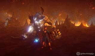 Void Goliath and human wizard in a subterranean magma chamber